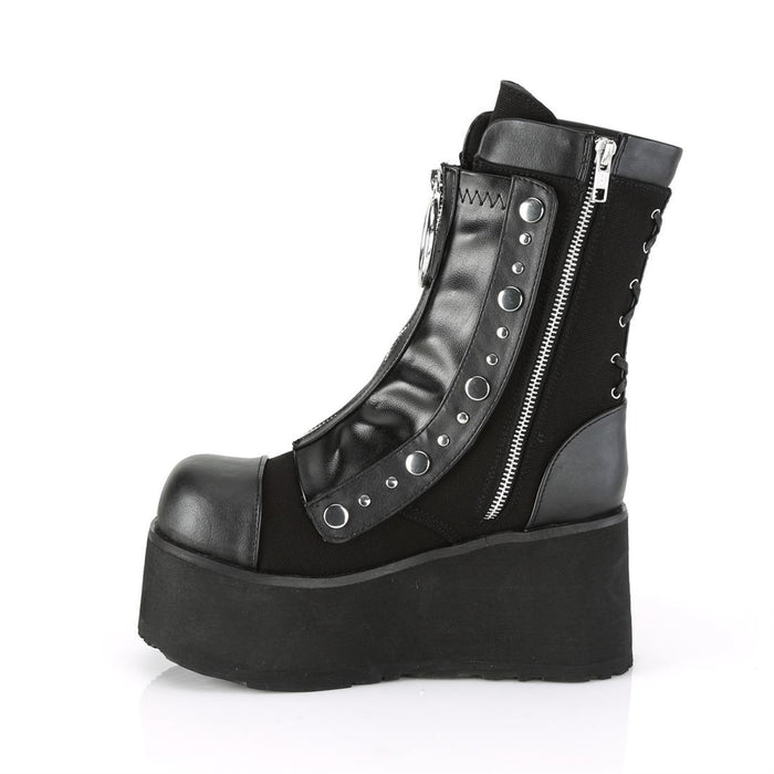 left side of black vegan leather mid calf 3.5 inch wedge platform boot with front snap-on stretch panel that has a zipper with large O ring pull tab, which hides laces. also has lace up back. inside left full zipper