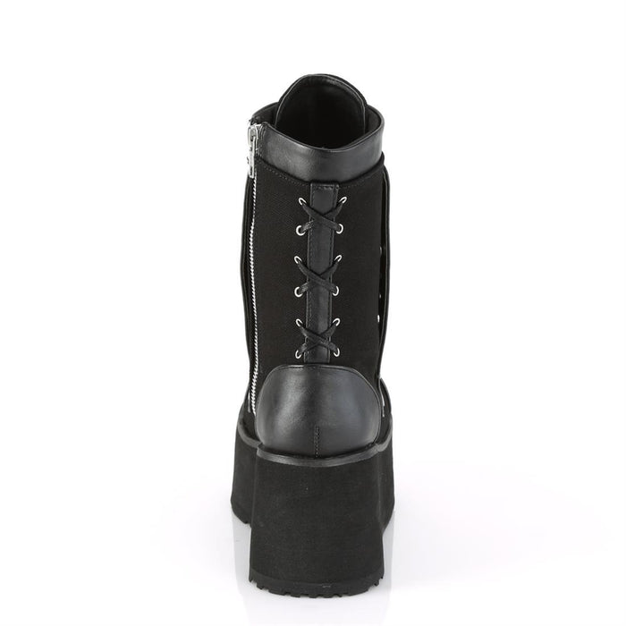 back side of black vegan leather mid calf 3.5 inch wedge platform boot with front snap-on stretch panel that has a zipper with large O ring pull tab, which hides laces. also has lace up back.