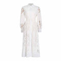 Collared Long Sleeve Hollow Out Lace Midi Dress With Belt