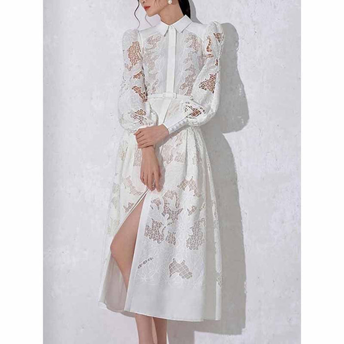 Collared Long Sleeve Hollow Out Lace Midi Dress With Belt