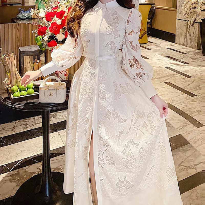 Collared Long Sleeve Hollow Out Lace Midi Dress With Belt