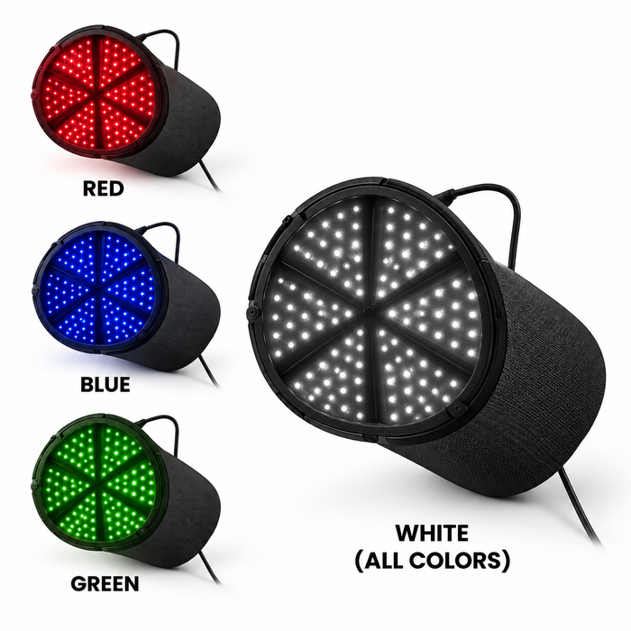 Hooga ColorWave Hat showing the interior LEDs in red, blue, green, and white (all colors) light modes.