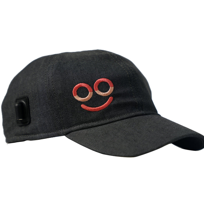 Front angled view of the black Hooga ColorWave Light Therapy Hat with an embroidered red Hooga logo and side power connection.