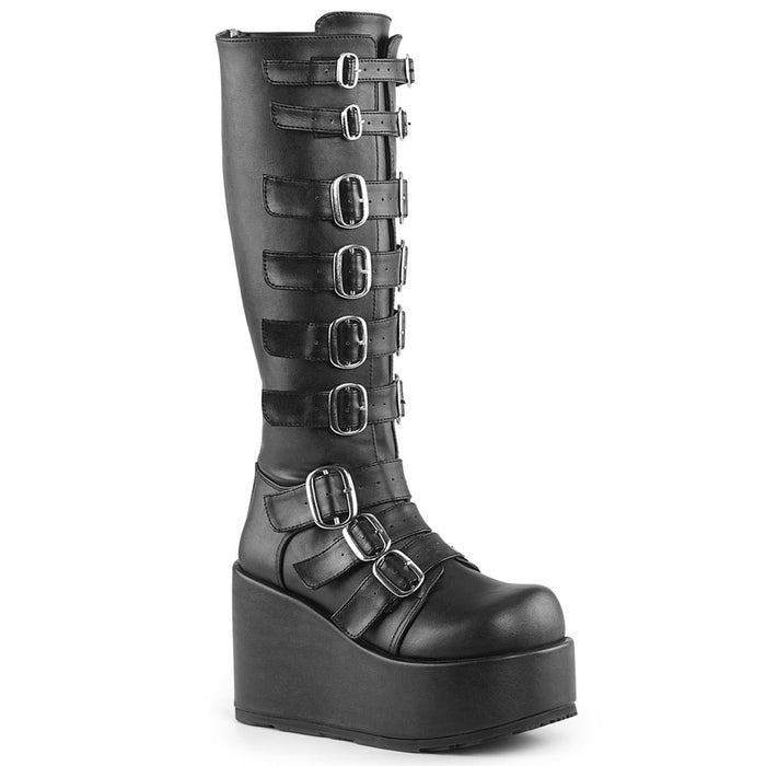 right side view of black vegan leather 4 1/4" platform knee high gogo boot with 9 adjustable straps up and down the boot