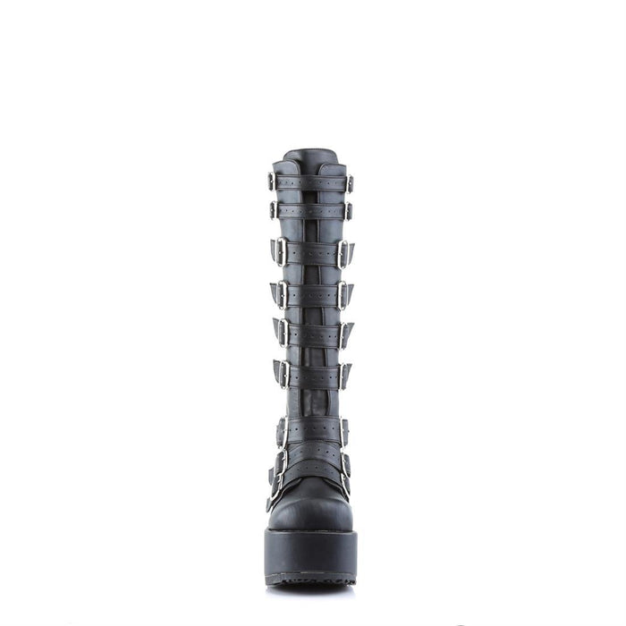front side view of black vegan leather 4 1/4" platform knee high gogo boot with 9 adjustable straps up and down the boot