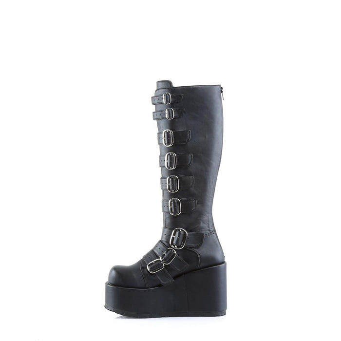 left side view of black vegan leather 4 1/4" platform knee high gogo boot with 9 adjustable straps up and down the boot