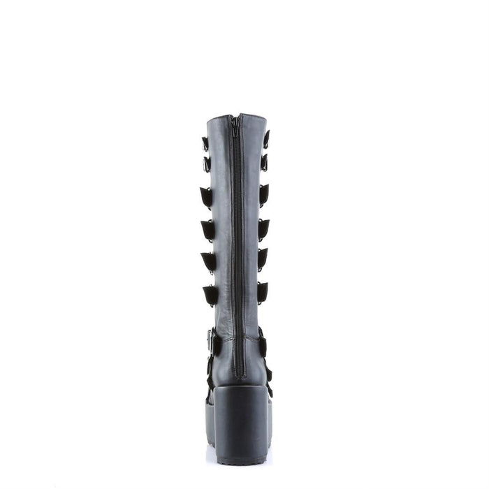 black vegan leather 4 1/4" platform knee high gogo boot with 9 adjustable straps up and down the boot. backside has full zipper