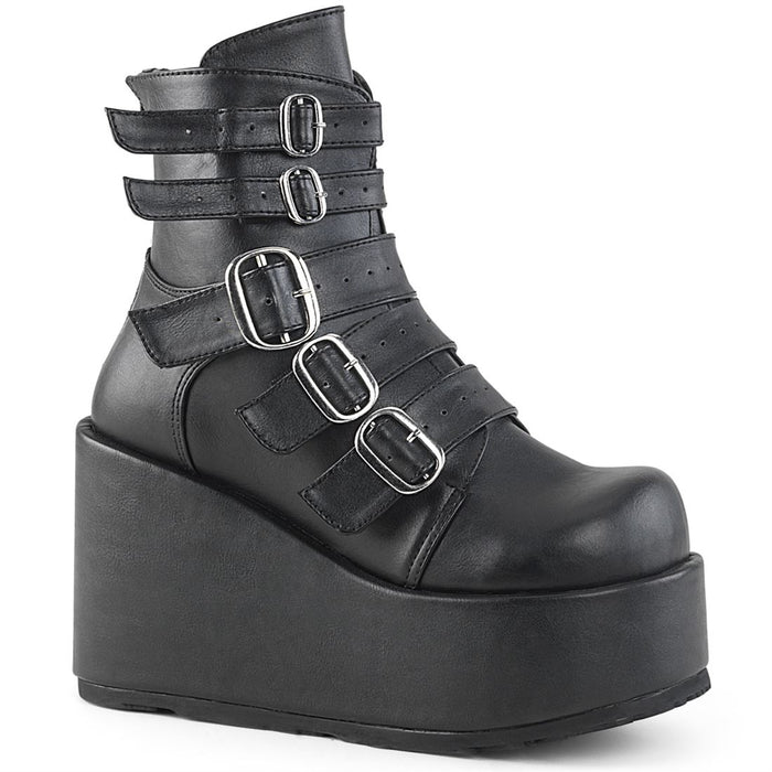 right side view of black vegan leather ankle boot with 4 1/4" platform. boot has 5 adjustable straps from top to bottom