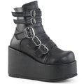 right side view of black vegan leather ankle boot with 4 1/4" platform. boot has 5 adjustable straps from top to bottom
