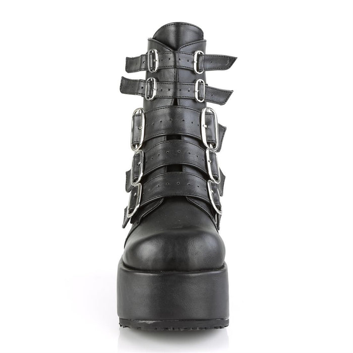 front side view of black vegan leather ankle boot with 4 1/4" platform. boot has 5 adjustable straps from top to bottom
