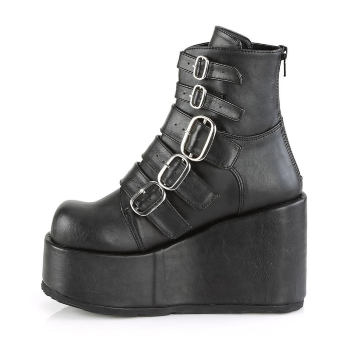 left side view of black vegan leather ankle boot with 4 1/4" platform. boot has 5 adjustable straps from top to bottom