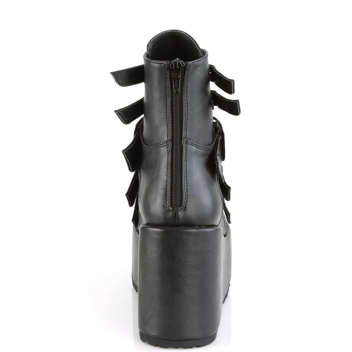 back side view of black vegan leather ankle boot with 4 1/4" platform. boot has 5 adjustable straps from top to bottom. back side has full zipper