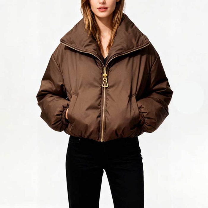 Stylish brown cotton padded winter jacket for women with a zip closure and cozy oversized collar