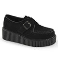 right side view of black vegan leather suede 2" platform creeper sneaker shoe with adjustable strap across foot