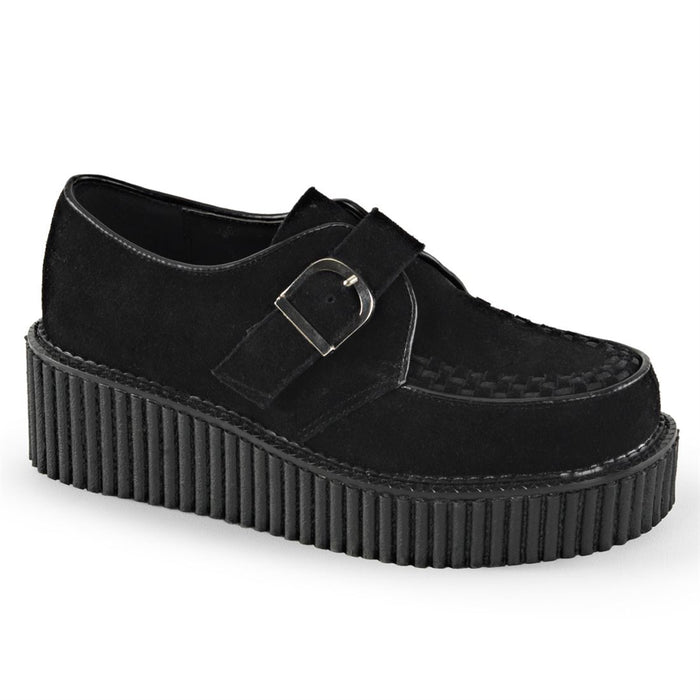 right side view of black vegan leather suede 2" platform creeper sneaker shoe with adjustable strap across foot