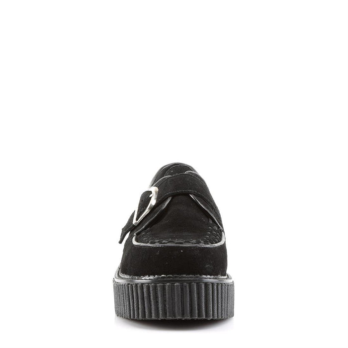 front side view of black vegan leather suede 2" platform creeper sneaker shoe with adjustable strap across foot