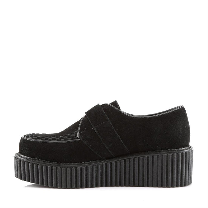 left side view of black vegan leather suede 2" platform creeper sneaker shoe with adjustable strap across foot