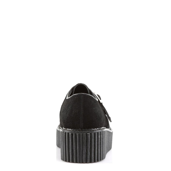 back side view of black vegan leather suede 2" platform creeper sneaker shoe with adjustable strap across foot
