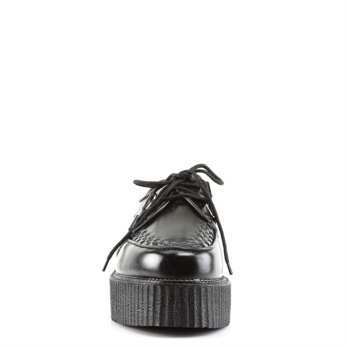 front side view of right side view of real black leather 2 inch platform creeper with woven detail on top of shoe and lace up front. has secret hidden coffin shaped compartment underneath sole cover inside shoe