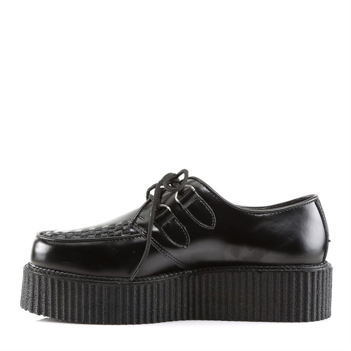 left side view of right side view of real black leather 2 inch platform creeper with woven detail on top of shoe and lace up front. has secret hidden coffin shaped compartment underneath sole cover inside shoe