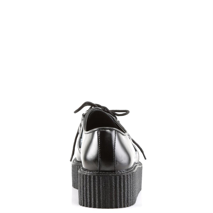 back side view of right side view of real black leather 2 inch platform creeper with woven detail on top of shoe and lace up front. has secret hidden coffin shaped compartment underneath sole cover inside shoe
