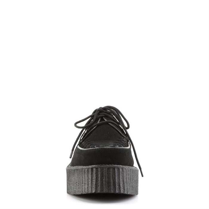 front side view of real black leather suede 2 inch platform creeper with woven detail on top of shoe and lace up front. has secret hidden coffin shaped compartment underneath sole cover inside shoe