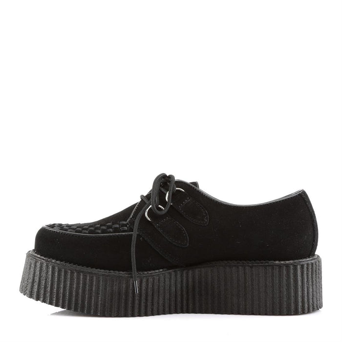 left side view of real black leather suede 2 inch platform creeper with woven detail on top of shoe and lace up front. has secret hidden coffin shaped compartment underneath sole cover inside shoe
