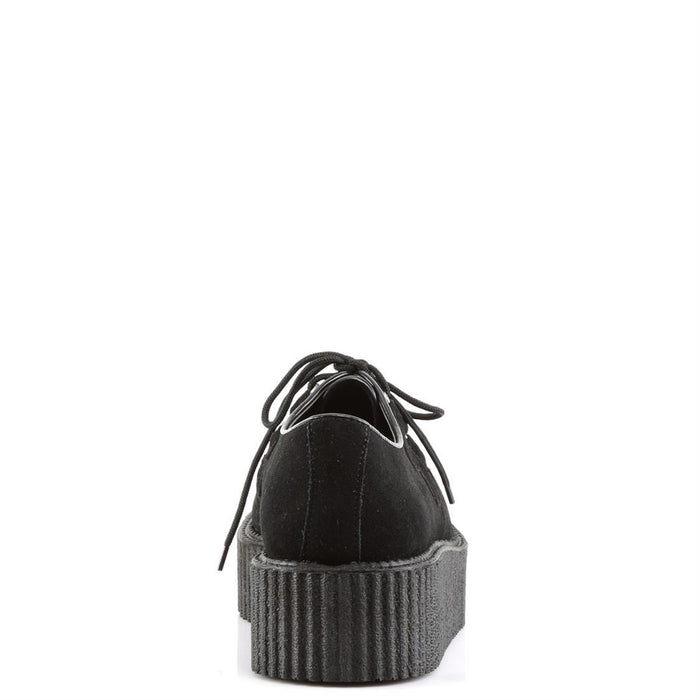 back side view of real black leather suede 2 inch platform creeper with woven detail on top of shoe and lace up front. has secret hidden coffin shaped compartment underneath sole cover inside shoe