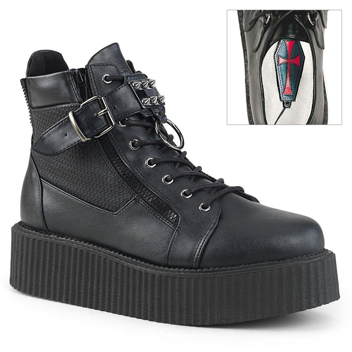 right side view of black vegan leather 2" platform lace-up oxford creeper bootie shoe, buckle strap w/ cone spike studded metal plate & o-ring details, zipper details up the back w/ exposed outer and inner zippers