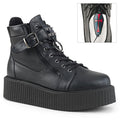 right side view of black vegan leather 2" platform lace-up oxford creeper bootie shoe, buckle strap w/ cone spike studded metal plate & o-ring details, zipper details up the back w/ exposed outer and inner zippers