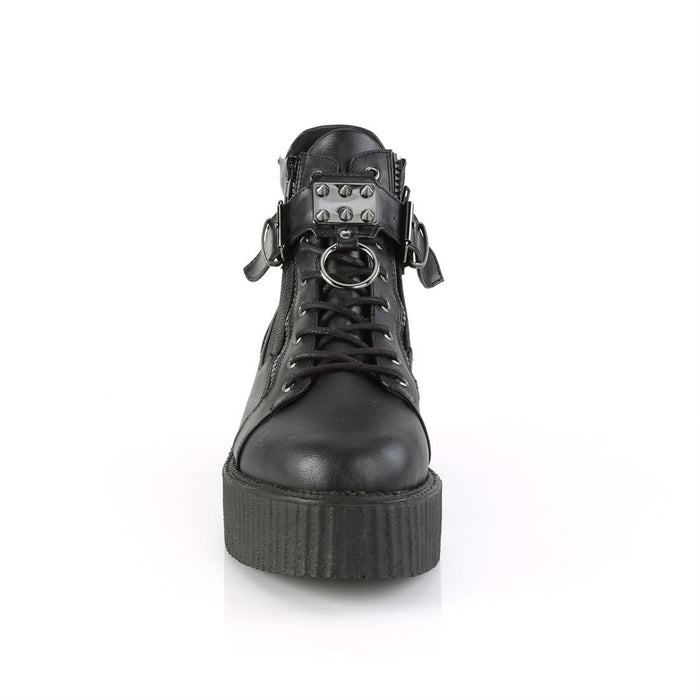 front side view of black vegan leather 2" platform lace-up oxford creeper bootie shoe, buckle strap w/ cone spike studded metal plate & o-ring details, zipper details up the back w/ exposed outer and inner zippers