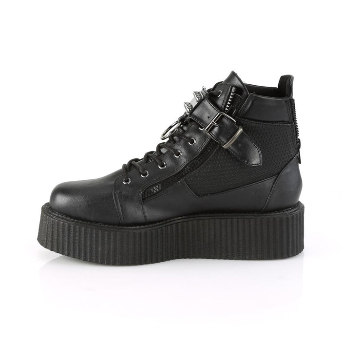 left side view of black vegan leather 2" platform lace-up oxford creeper bootie shoe, buckle strap w/ cone spike studded metal plate & o-ring details, zipper details up the back w/ exposed outer and inner zippers