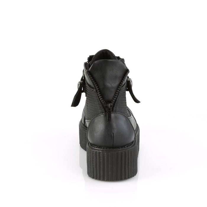 back side view of black vegan leather 2" platform lace-up oxford creeper bootie shoe, buckle strap w/ cone spike studded metal plate & o-ring details, zipper details up the back w/ exposed outer and inner zippers