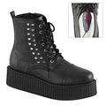 ride side view of black vegan leather 2" platform Lace-up front creeper ankle boot w/ spikes at outer side and full inside zip closure. has hidden coffin shaped stash box underneath sole cover inside shoe