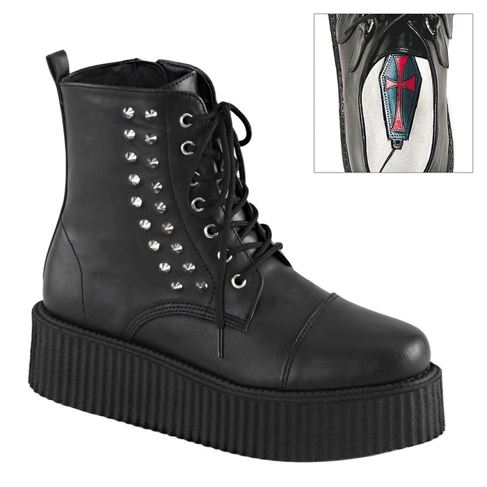 ride side view of black vegan leather 2" platform Lace-up front creeper ankle boot w/ spikes at outer side and full inside zip closure. has hidden coffin shaped stash box underneath sole cover inside shoe