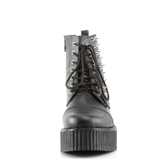 front side view of black vegan leather 2" platform Lace-up front creeper ankle boot w/ spikes at outer side and full inside zip closure. has hidden coffin shaped stash box underneath sole cover inside shoe