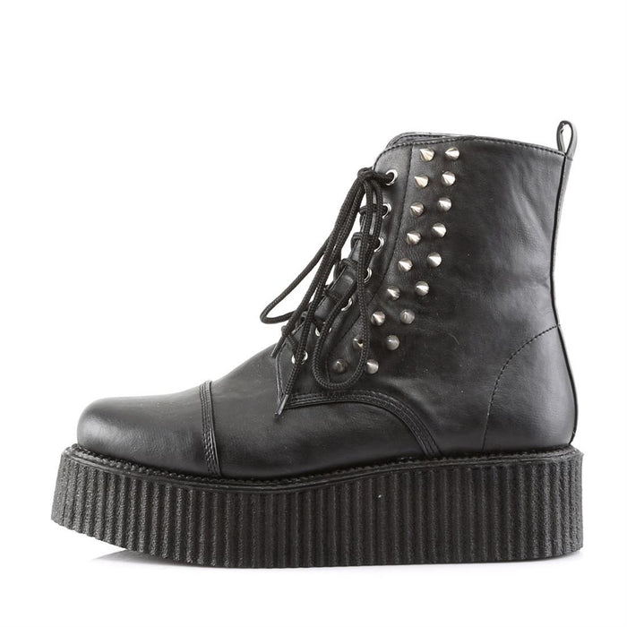 left side view of black vegan leather 2" platform Lace-up front creeper ankle boot w/ spikes at outer side and full inside zip closure. has hidden coffin shaped stash box underneath sole cover inside shoe