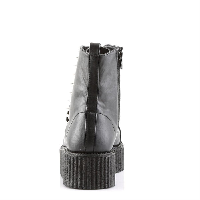 back side view of black vegan leather 2" platform Lace-up front creeper ankle boot w/ spikes at outer side and full inside zip closure. has hidden coffin shaped stash box underneath sole cover inside shoe