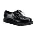 right side view of black leather 1" platform Gothic rockabilly punk black leather creeper with front top weaving design and lace up front