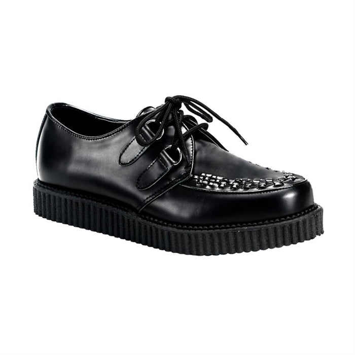 right side view of black leather 1" platform Gothic rockabilly punk black leather creeper with front top weaving design and lace up front