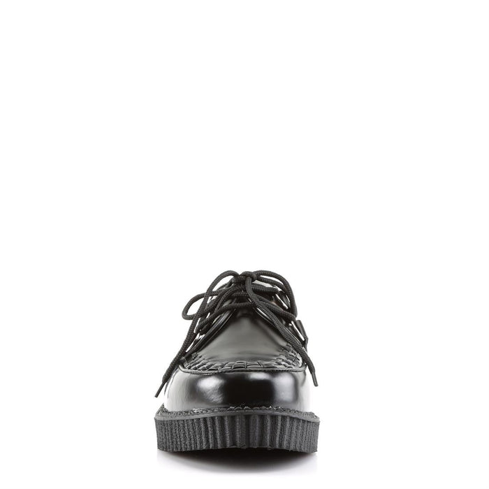 front side view of black leather 1" platform Gothic rockabilly punk black leather creeper with front top weaving design and lace up front