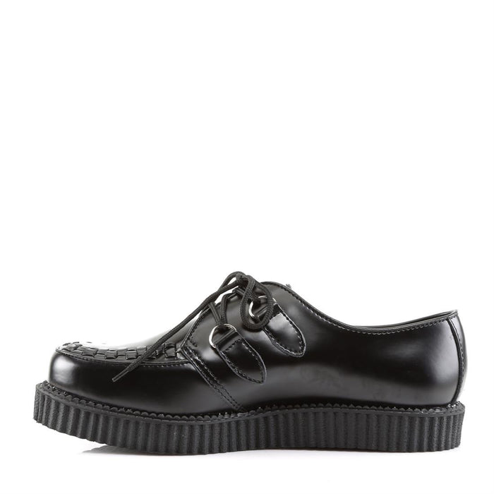 left side view of black leather 1" platform Gothic rockabilly punk black leather creeper with front top weaving design and lace up front
