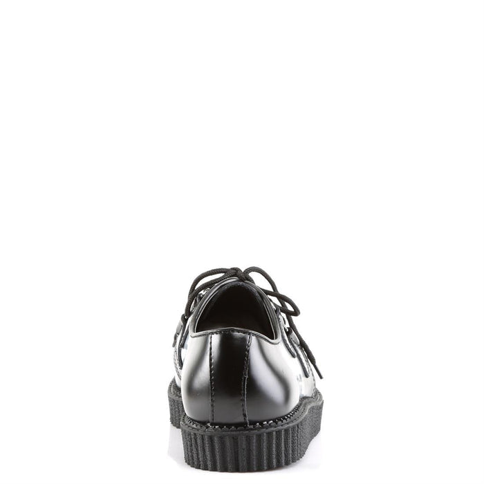 back side view of black leather 1" platform Gothic rockabilly punk black leather creeper with front top weaving design and lace up front