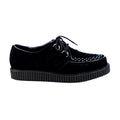 right side view of real leather black suede 1" platform D-Ring Lace-Up  w/Interwoven Apron and Piping Detail