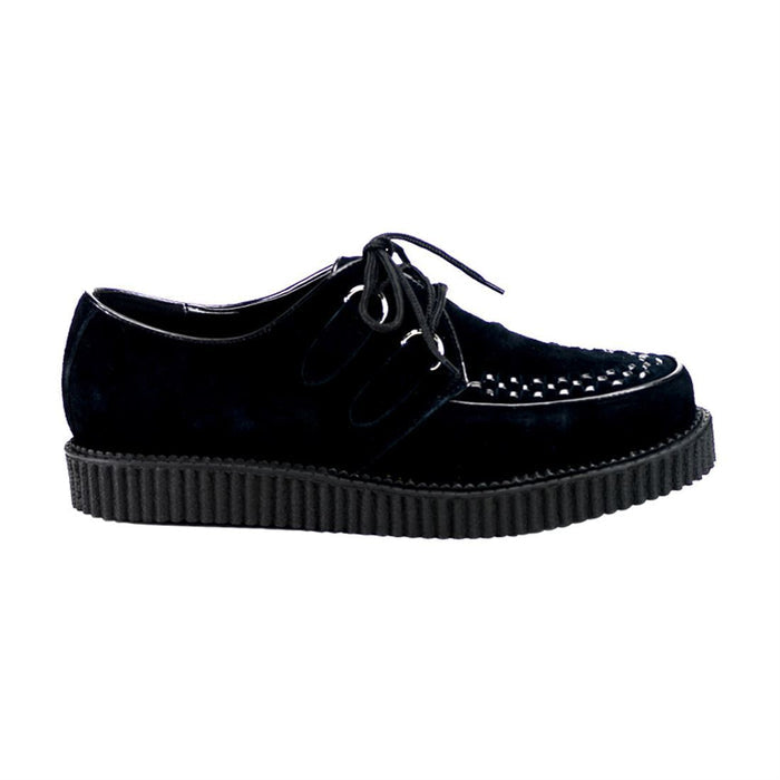 right side view of real leather black suede 1" platform D-Ring Lace-Up  w/Interwoven Apron and Piping Detail