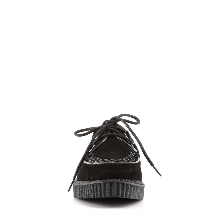 front side view of real leather black suede 1" platform D-Ring Lace-Up w/Interwoven Apron and Piping Detail