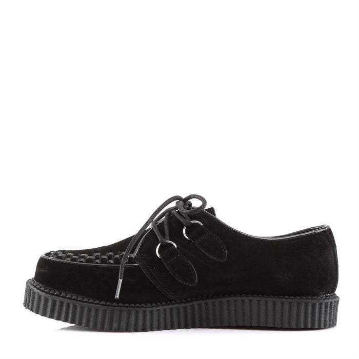 left side view of real leather black suede 1" platform D-Ring Lace-Up w/Interwoven Apron and Piping Detail
