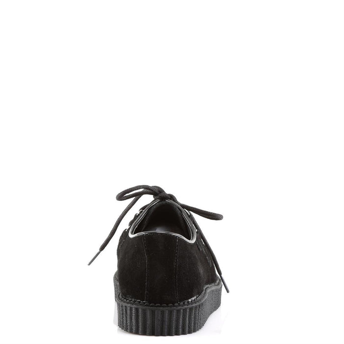 back side view of real leather black suede 1" platform D-Ring Lace-Up w/Interwoven Apron and Piping Detail