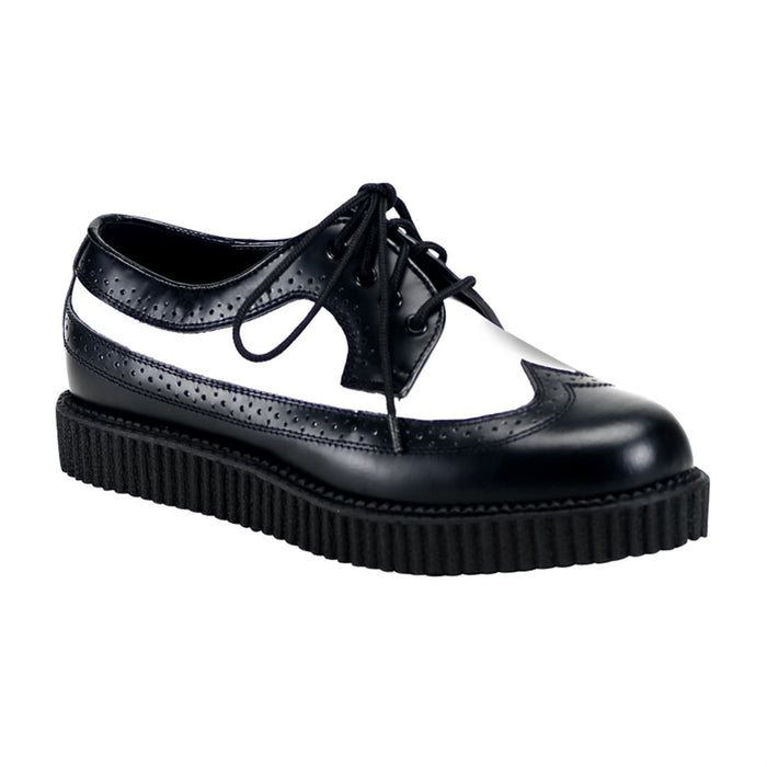 right side view of real leather 1" platform Rockabilly Punk Oxford Creeper with Black upper, white center, and black bottom to create a tuxedo look