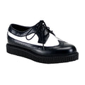 right side view of real leather 1" platform Rockabilly Punk Oxford Creeper with Black upper, white center, and black bottom to create a tuxedo look